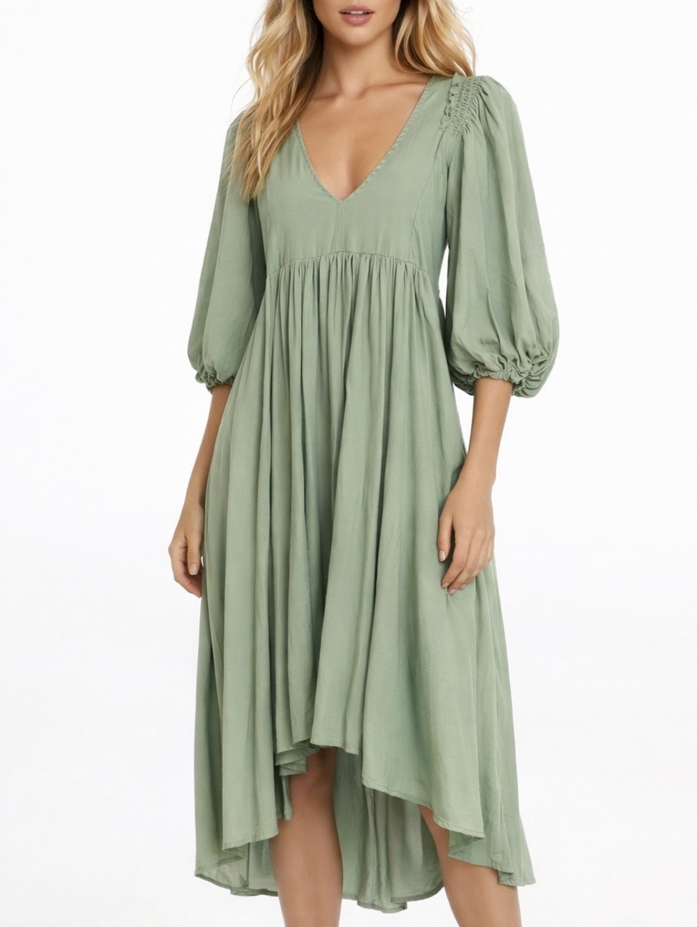 Mustard Seed Balloon Sleeve Midi Dress Sage - Small